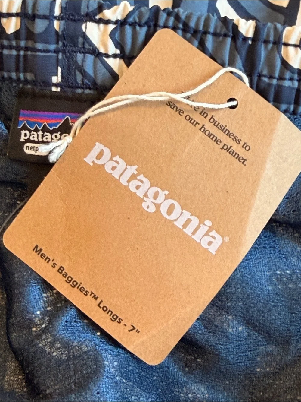 Patagonia Men’s Navy and White Geometric Swim Trunks